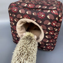 Load image into Gallery viewer, Autumn hedgehogs cosy cube house. Hedgehog and guinea pig padded fleece lined house.