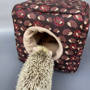 Autumn hedgehogs cosy cube house. Hedgehog and guinea pig padded fleece lined house.