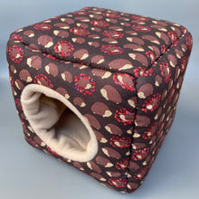 Load image into Gallery viewer, Autumn hedgehogs cosy cube house. Hedgehog and guinea pig padded fleece lined house.