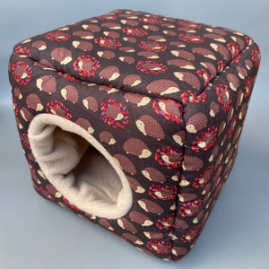 Autumn hedgehogs cosy cube house. Hedgehog and guinea pig padded fleece lined house.