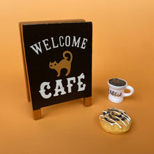 Load image into Gallery viewer, Mini cafe board sign for photos. Coffee and cinnamon bun photo props