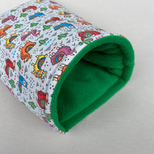 Load image into Gallery viewer, Drama Llama cosy snuggle cave. Padded stay open snuggle sack. Hedgehog bed. Fleece pet bedding.