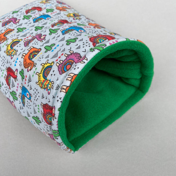 Drama Llama cosy snuggle cave. Padded stay open snuggle sack. Hedgehog bed. Fleece pet bedding.