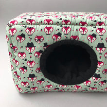 Load image into Gallery viewer, LARGE Dapper Mr Fox cosy bed. Cosy cube. Cuddle Cube. Guinea pig bed. Fleece hidey.