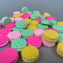 Load image into Gallery viewer, Colourful cookies photo prop. Round resin sandwich biscuit prop for photos.