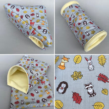 Load image into Gallery viewer, Grey and yellow woodland animals full cage set. Corner house, snuggle sack, tunnel cage set.
