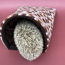 Load image into Gallery viewer, Autumn Hedgehogs cosy snuggle cave. Padded stay open hedgehog bed.