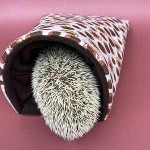 Autumn Hedgehogs cosy snuggle cave. Padded stay open hedgehog bed.
