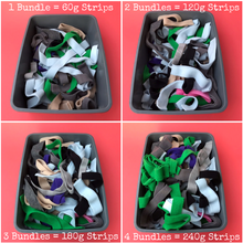 Load image into Gallery viewer, Fleece forage strips for bedding, fleece strips for nesting, dig box or forage tray.