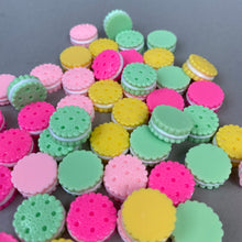 Load image into Gallery viewer, Colourful cookies photo prop. Round resin sandwich biscuit prop for photos.