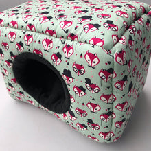 Load image into Gallery viewer, LARGE Dapper Mr Fox cosy bed. Cosy cube. Cuddle Cube. Guinea pig bed. Fleece hidey.